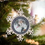 Navy | First Married Christmas Photo Snowflake Pewter Christmas Ornament<br><div class="desc">A perfect gift for newlyweds, this elegant snowflake shaped Christmas ornament features a favourite photo encircled by a navy blue border. "Our first Christmas as Mr. & Mrs." curves over the top of your photo in ivory lettering, with the year beneath. Customise with a wedding photo to create a unique...</div>