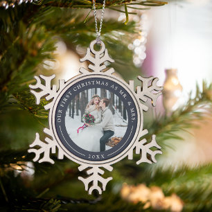 Navy First Married Christmas Photo Snowflake Pewter Christmas Ornament