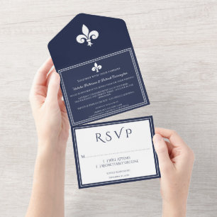 Navy Fleur de Lis All in One Wedding Invite
