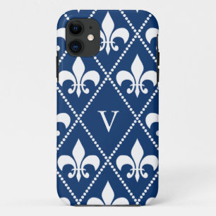 Navy Fleur de Lis w/ monogram iPhone 11 Case