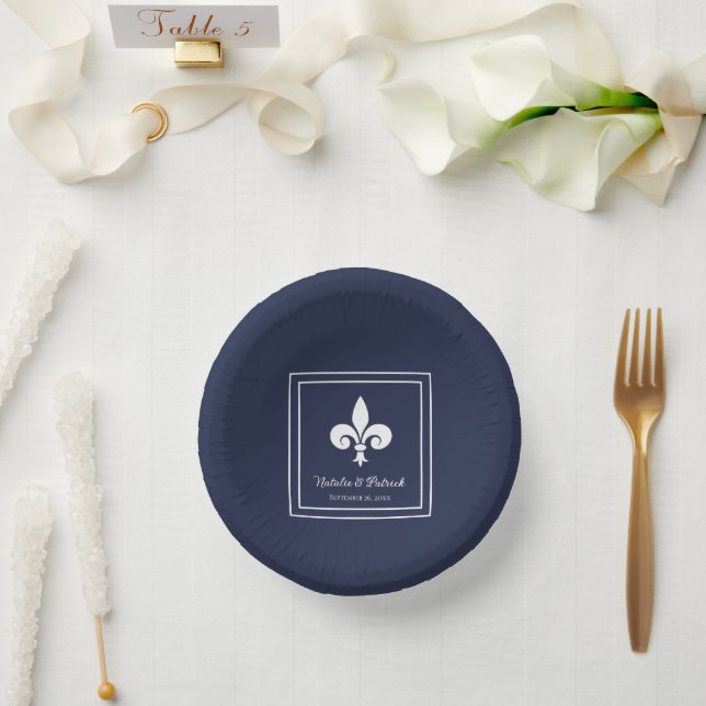 Navy Fleur de Lis Wedding Paper Bowls Plate (Wedding)
