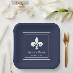 Navy Fleur de Lis Wedding Paper Plates