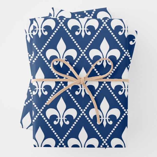 Navy Fleur de Lis Wrapping Paper Sheet (In situ)