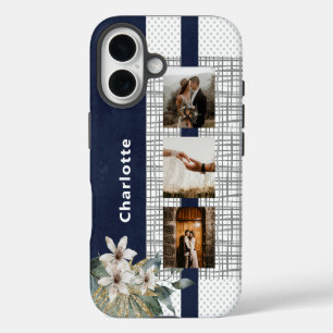 Navy Floral 3 Photo Anniversary Couple Name iPhone 16 Case