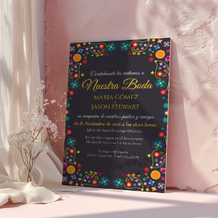 Navy Floral Aesthetic Folk Art Spanish Wedding Invitation