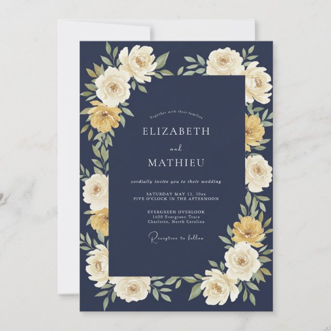 Navy Floral Arch Flourish Wedding Invitation (Front)