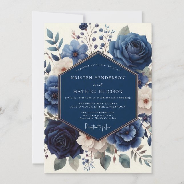 Navy Floral Artistry Wedding Invitation (Front)