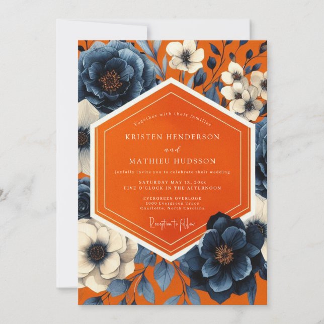 Navy Floral Autumn Bloom Wedding Invitation (Front)