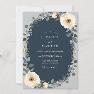 Navy Floral Autumn Blossom Wedding Invitation
