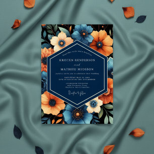 Navy Floral Autumn Romance Wedding Invitation