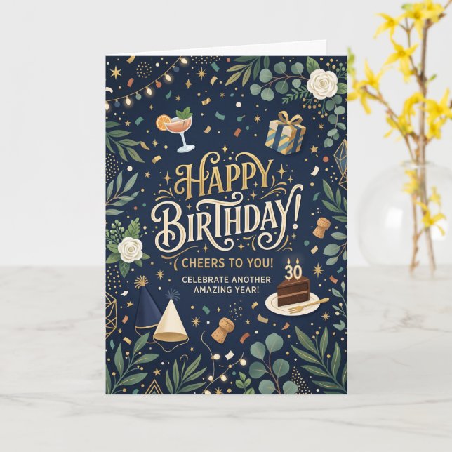 Navy Floral Birthday Card (Yellow Flower)