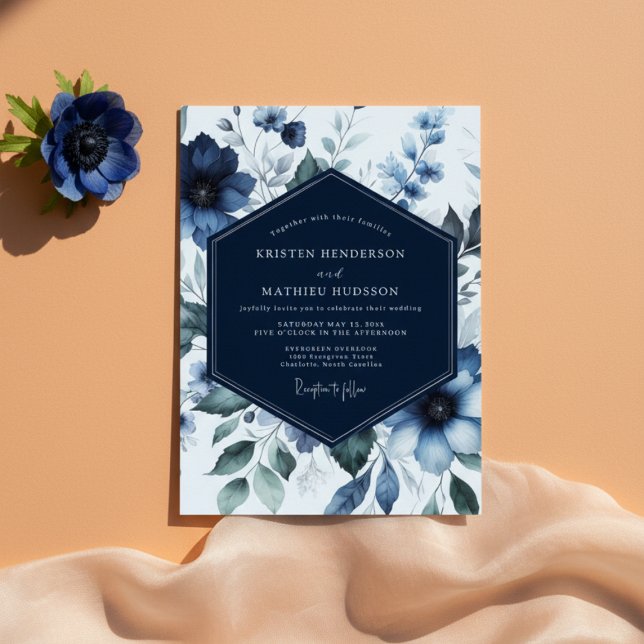 Navy Floral Bloom Romance Wedding Invitation (Creator Uploaded)