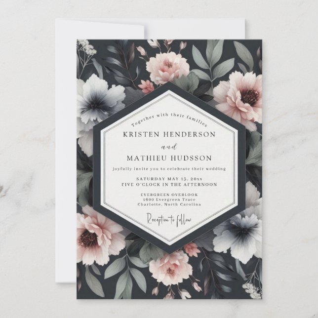 Navy Floral Bloom Romantic Wedding Invitation (Front)