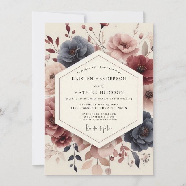 Navy Floral Bloom Wedding Invitation (Front)