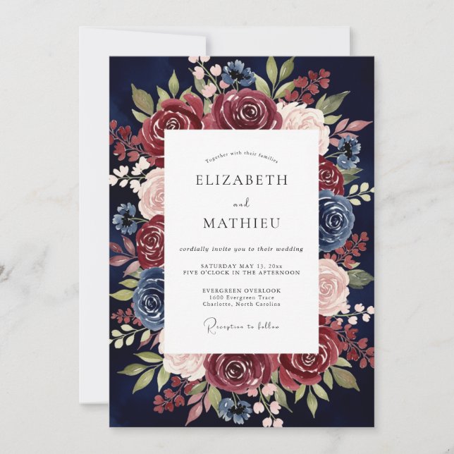 Navy Floral Bloom Wedding Invitation (Front)