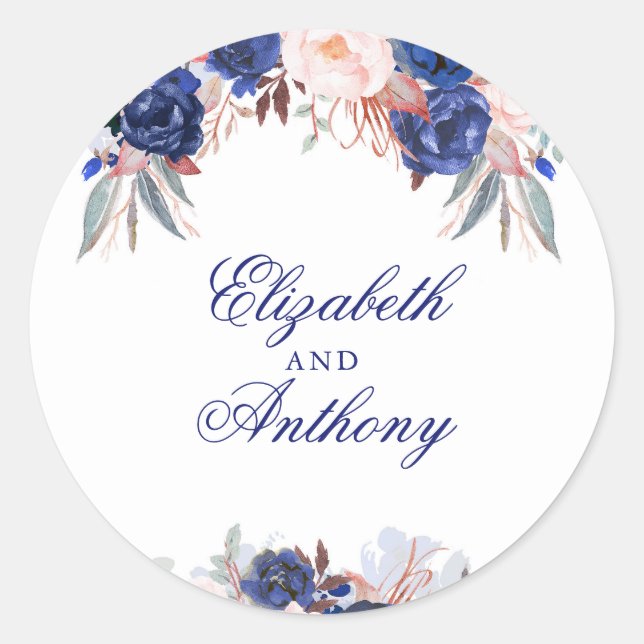 Navy Floral Boho Chic Wedding Classic Round Sticker (Front)