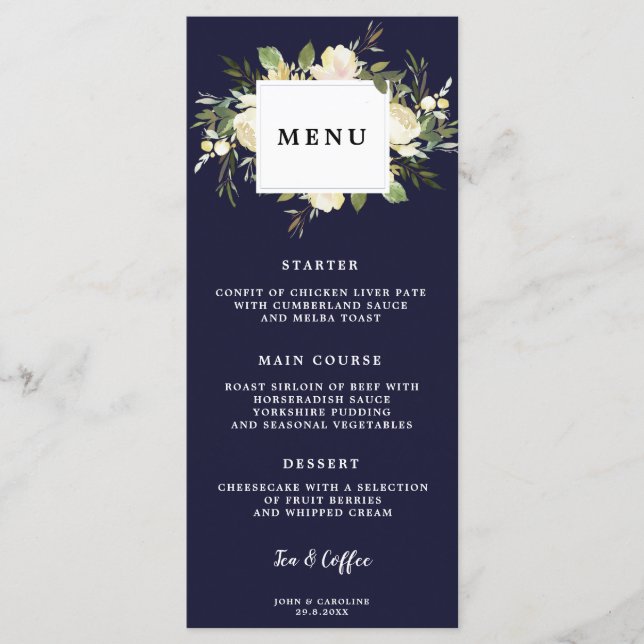 navy floral boho wedding menu cards (Front)