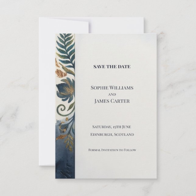 Navy Floral Border Save The Date Card (Front)
