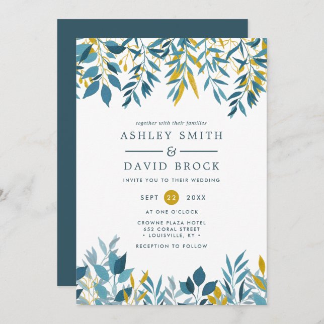Navy Floral Botanical Watercolor Wedding Invitatio Invitation (Front/Back)