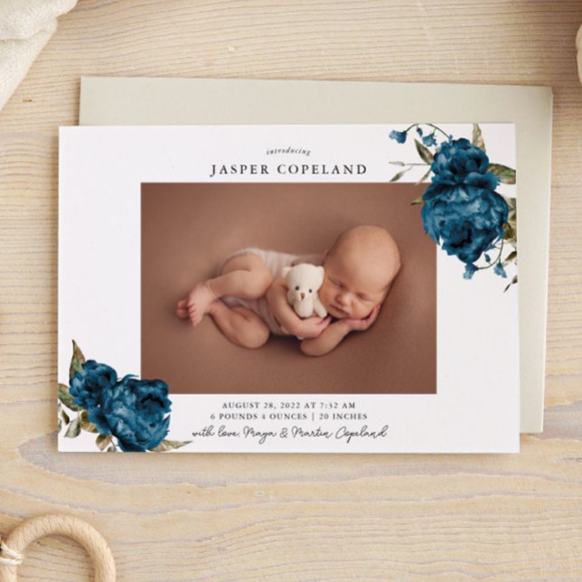 Navy Floral Boy Baby Photo Birth Announcement (Creator Uploaded)