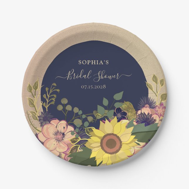 Navy Floral Bridal Shower Paper Plate (Front)