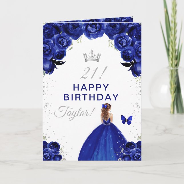 Navy Floral Brown Hair Girl Happy Birthday Card (Front)
