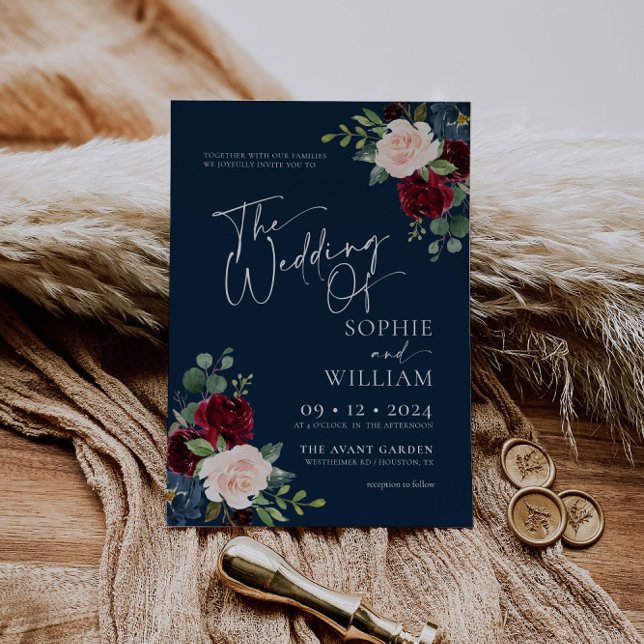 Navy Floral Burgundy and Blush Wedding Invitation (Creator Uploaded)