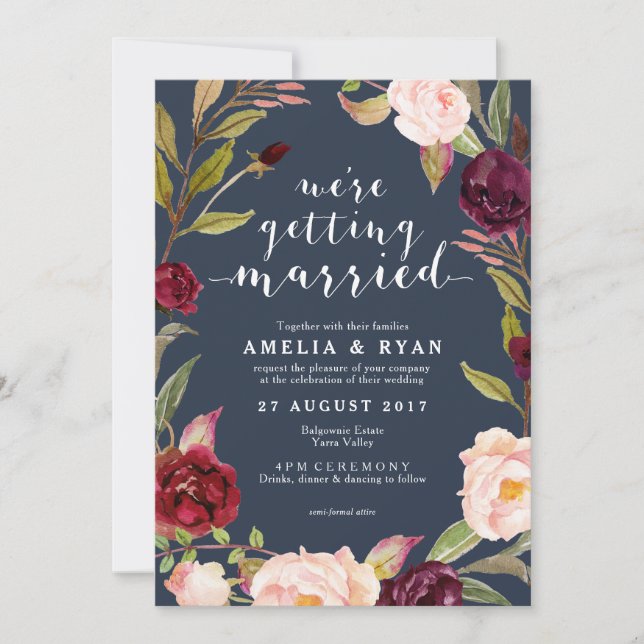 Navy Floral Burgundy Leafy Wedding Invitation (Front)