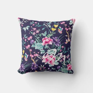 Navy Floral & Butterfly Monogram Throw Pillow