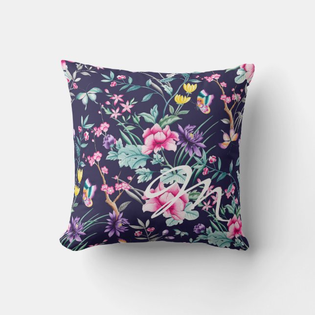 Navy Floral & Butterfly Monogram Throw Pillow (Front)