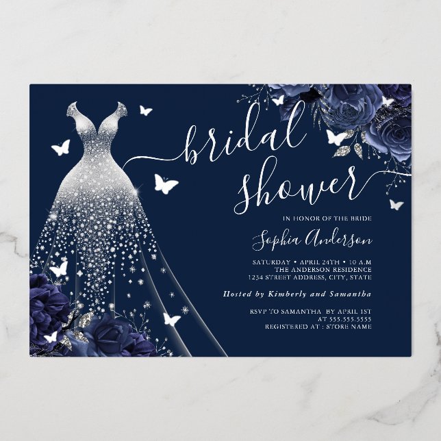 Navy Floral Butterfly Sparkle Dress Bridal Shower  (Front)