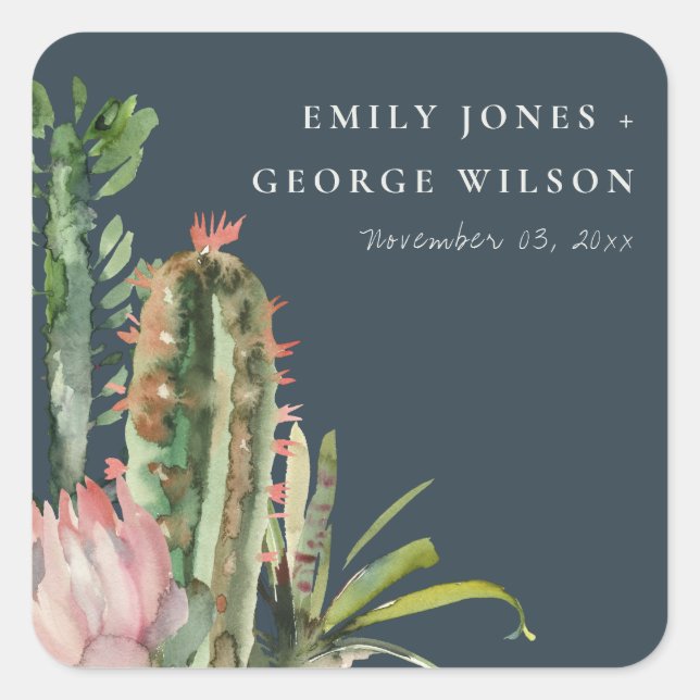 NAVY FLORAL CACTI FOLIAGE WATERCOLOR WEDDING SQUARE STICKER (Front)