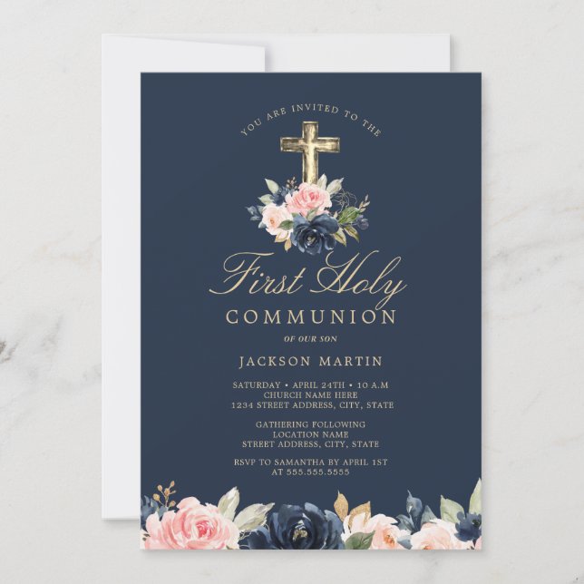 Navy Floral Cross Boys First Communion Invitation (Front)