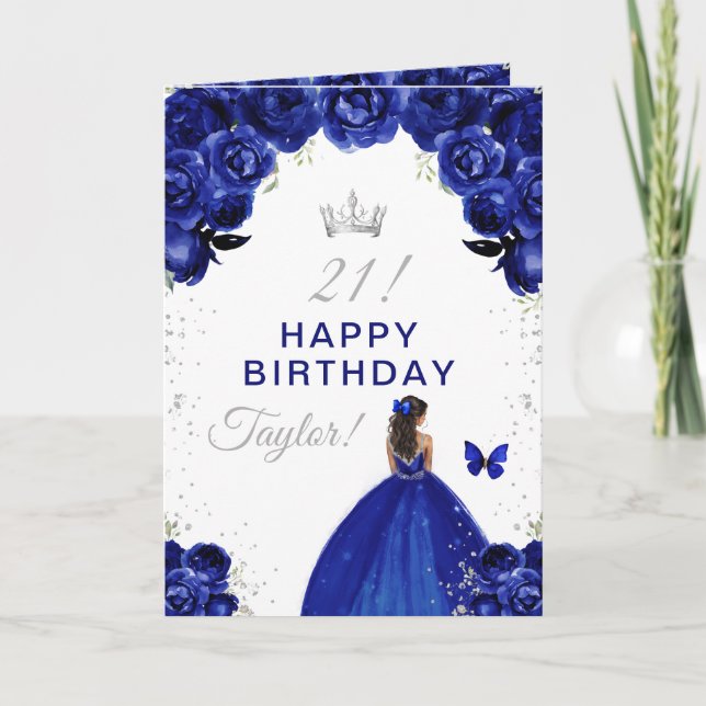 Navy Floral Dark Skin Girl Happy Birthday Card (Front)