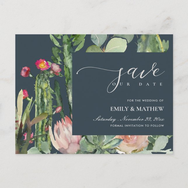 NAVY FLORAL DESERT CACTI FOLIAGE SAVE THE DATE ANNOUNCEMENT POSTCARD (Front)