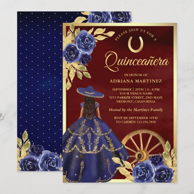 Navy Floral Dress Charro Burugundy Quinceanera Invitation (Front/Back)