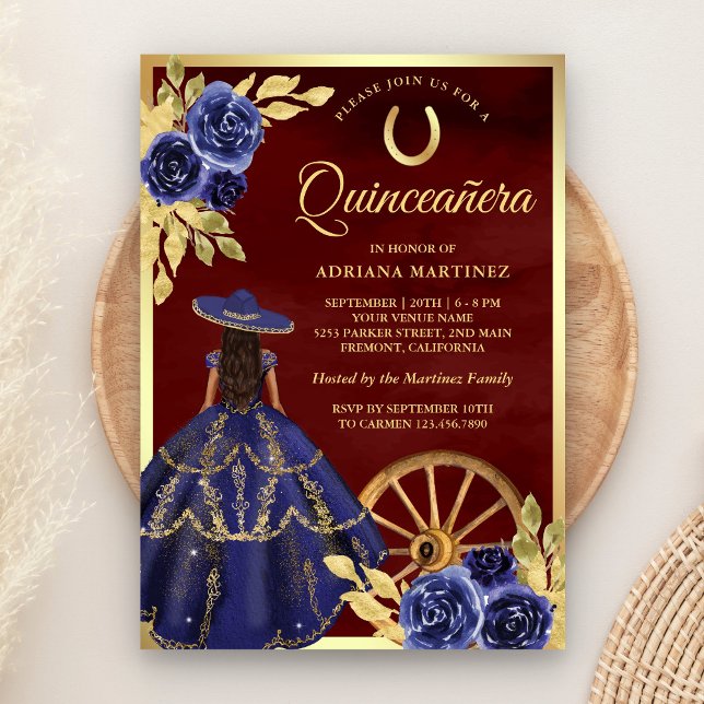 Navy Floral Dress Charro Burugundy Quinceanera Invitation (Creator Uploaded)