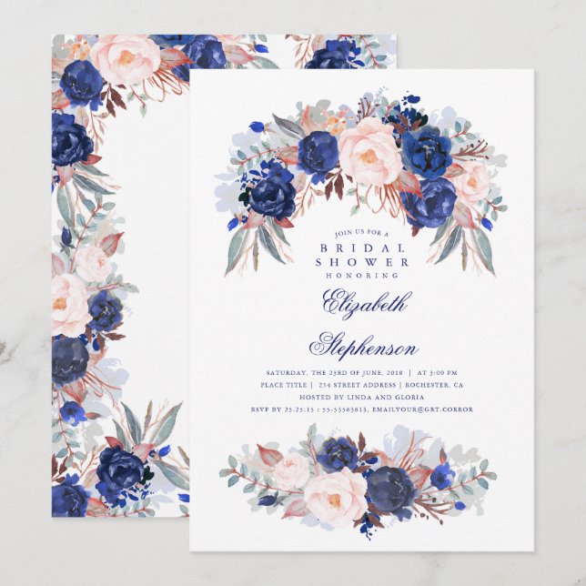 Navy Floral Elegant and Modern Bridal Shower Invitation (Front/Back)