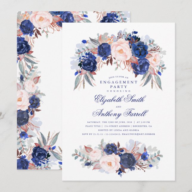 Navy Floral Elegant and Modern Engagement Party Invitation (Front/Back)