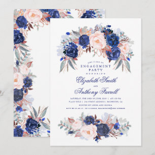 Navy Floral Elegant and Modern Engagement Party Invitation