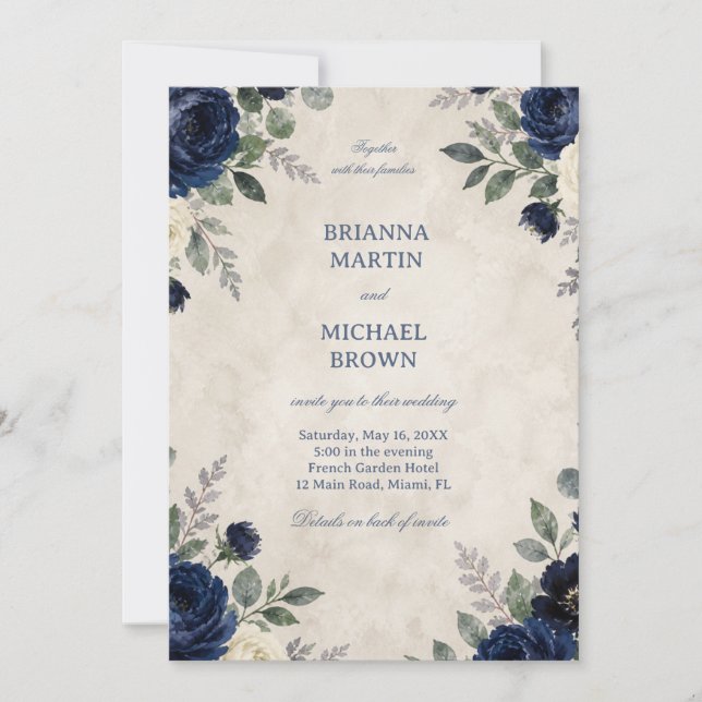Navy Floral Elegant Invitation (Front)