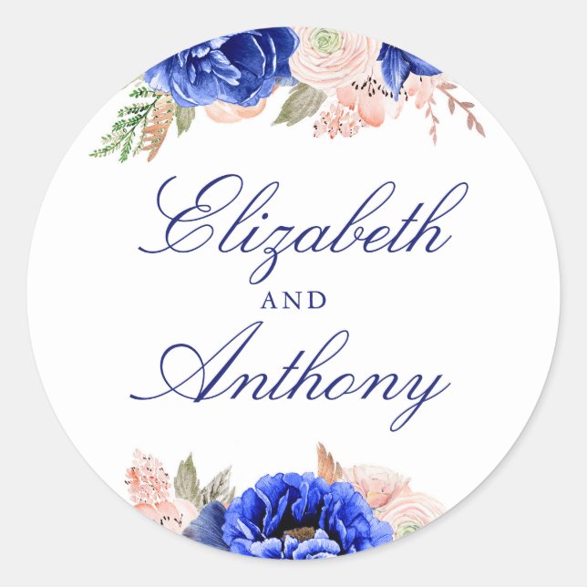 Navy Floral Elegant Wedding Classic Round Sticker (Front)