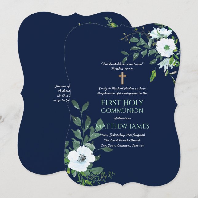 NAVY Floral First Holy Communion with verse Invitation (Front/Back)