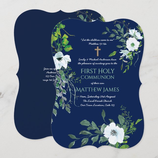 NAVY Floral First Holy Communion with verse Invitation (Front/Back)