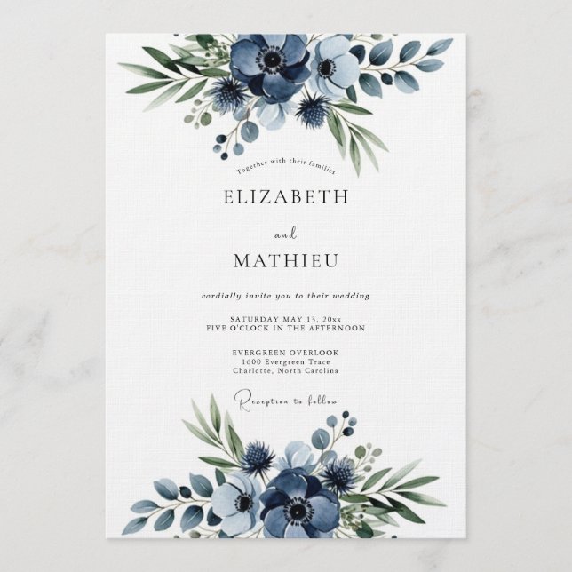 Navy Floral Flourish Wedding Invitation (Front)