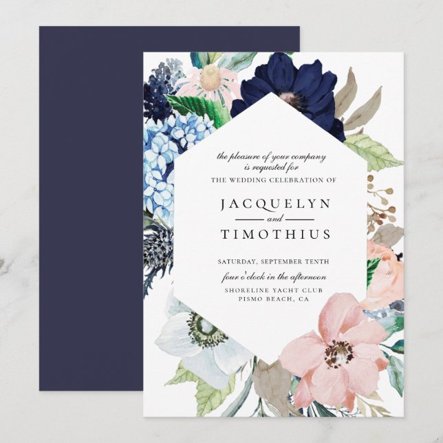 Navy Floral Frame Wedding Invitation (Front/Back)