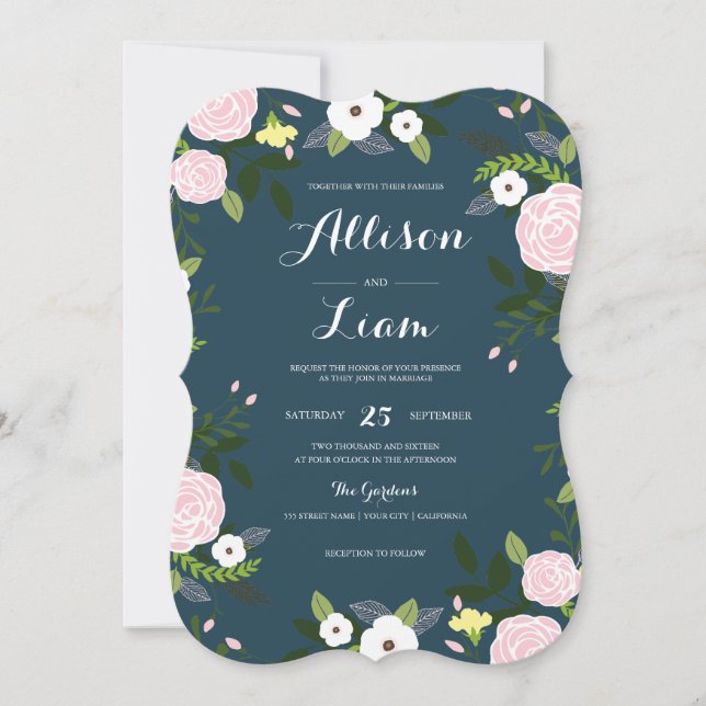 Navy Floral Garden Wedding Invitation (Front)