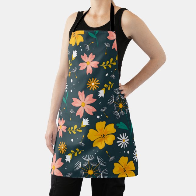Navy Floral Garden Whimsical Spring Pattern Apron (Insitu)