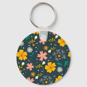 Navy Floral Garden Whimsical Spring Pattern Key Ring