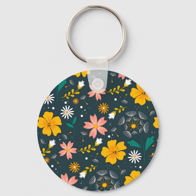 Navy Floral Garden Whimsical Spring Pattern Key Ring (Front)
